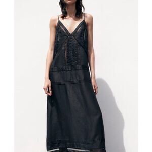 ZARA 100% Ramie Black Ladder Lace Cami Midi Dress, Sheer, Sz S